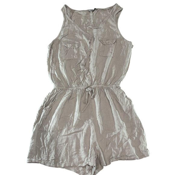 Ci Sono Womens Khaki Button-Front Sleeveless Romper W Pockets Elastic Waist Sz M - Picture 1 of 9